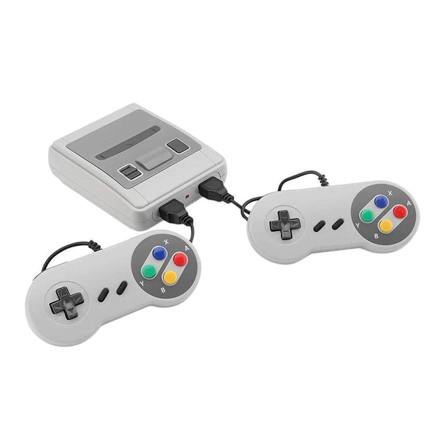 Retro game console in gray with two controllers featuring colored buttons, connected via cables.
