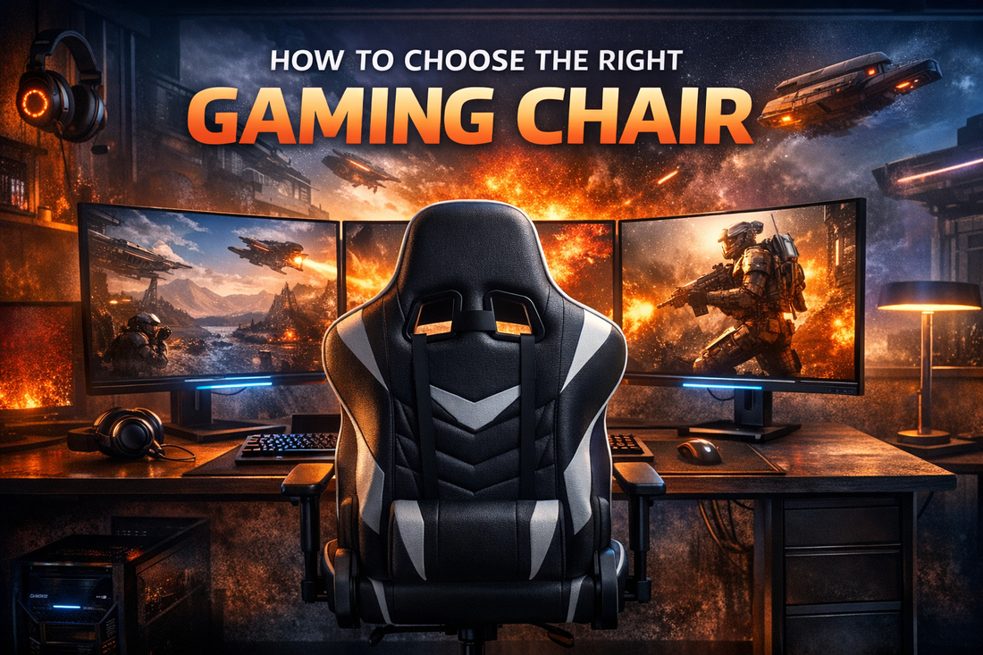 Gaming chair at a modern gaming desk with immersive multi‑monitor setup