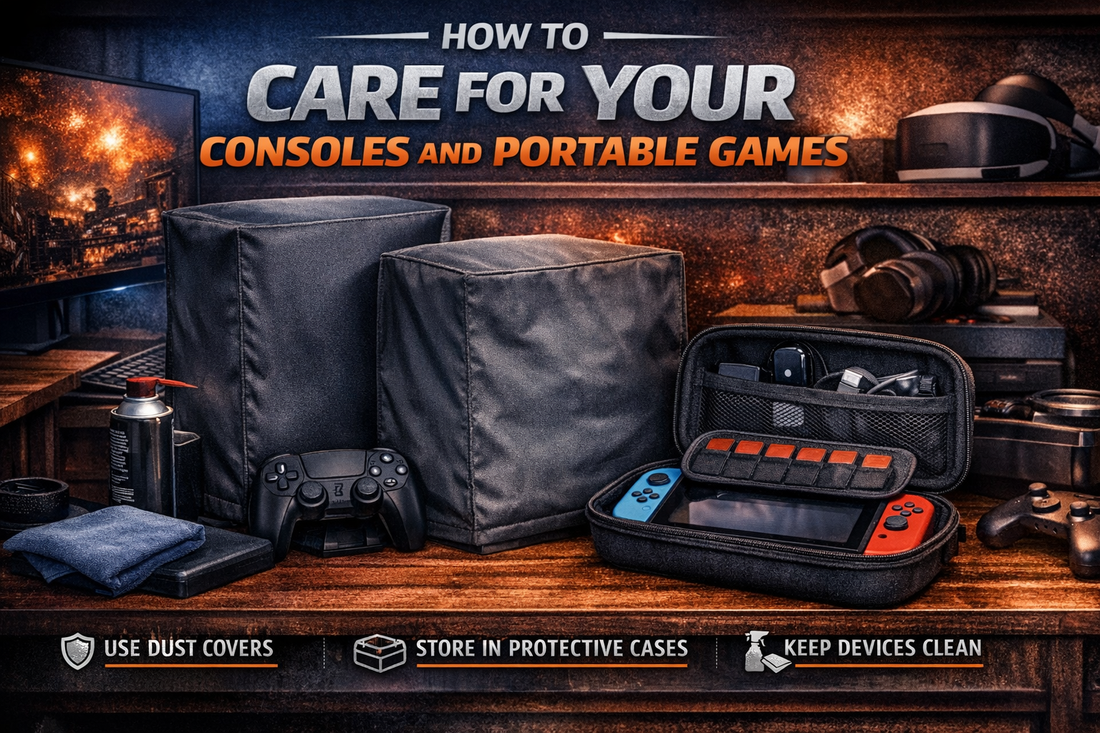 Gaming console dust covers and portable console case protecting gaming devices on a desk setup