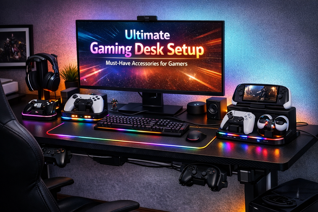 Gaming desk setup with controller charging stations, headset stand, and RGB accessories