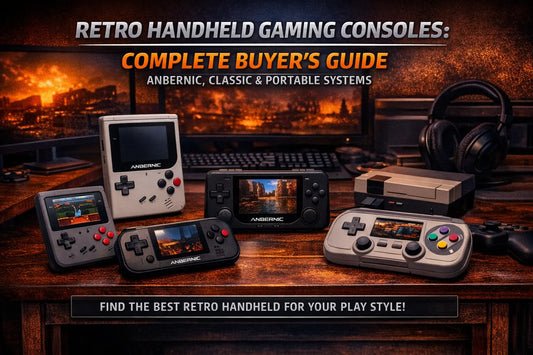 Retro handheld gaming consoles including ANBERNIC devices and classic handheld systems displayed on a gaming desk