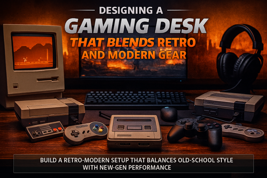 Retro and modern gaming consoles arranged on a gaming desk with classic controllers and modern accessories