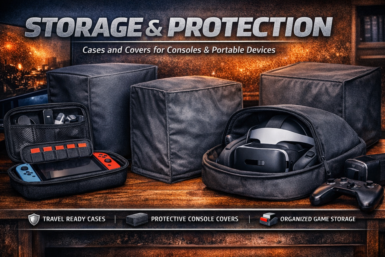 Storage and protection cases and dust covers for gaming consoles and portable devices