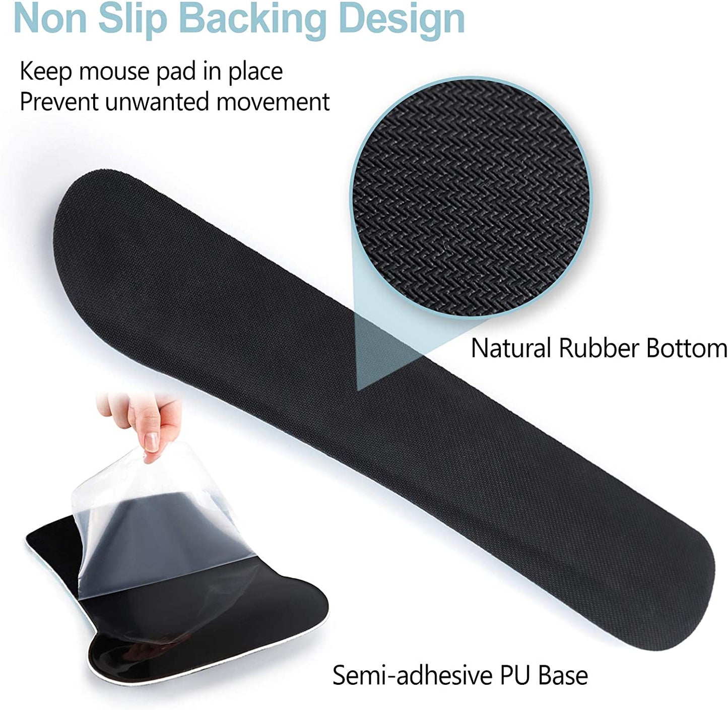 Black mouse pad with non-slip backing design features on a white background