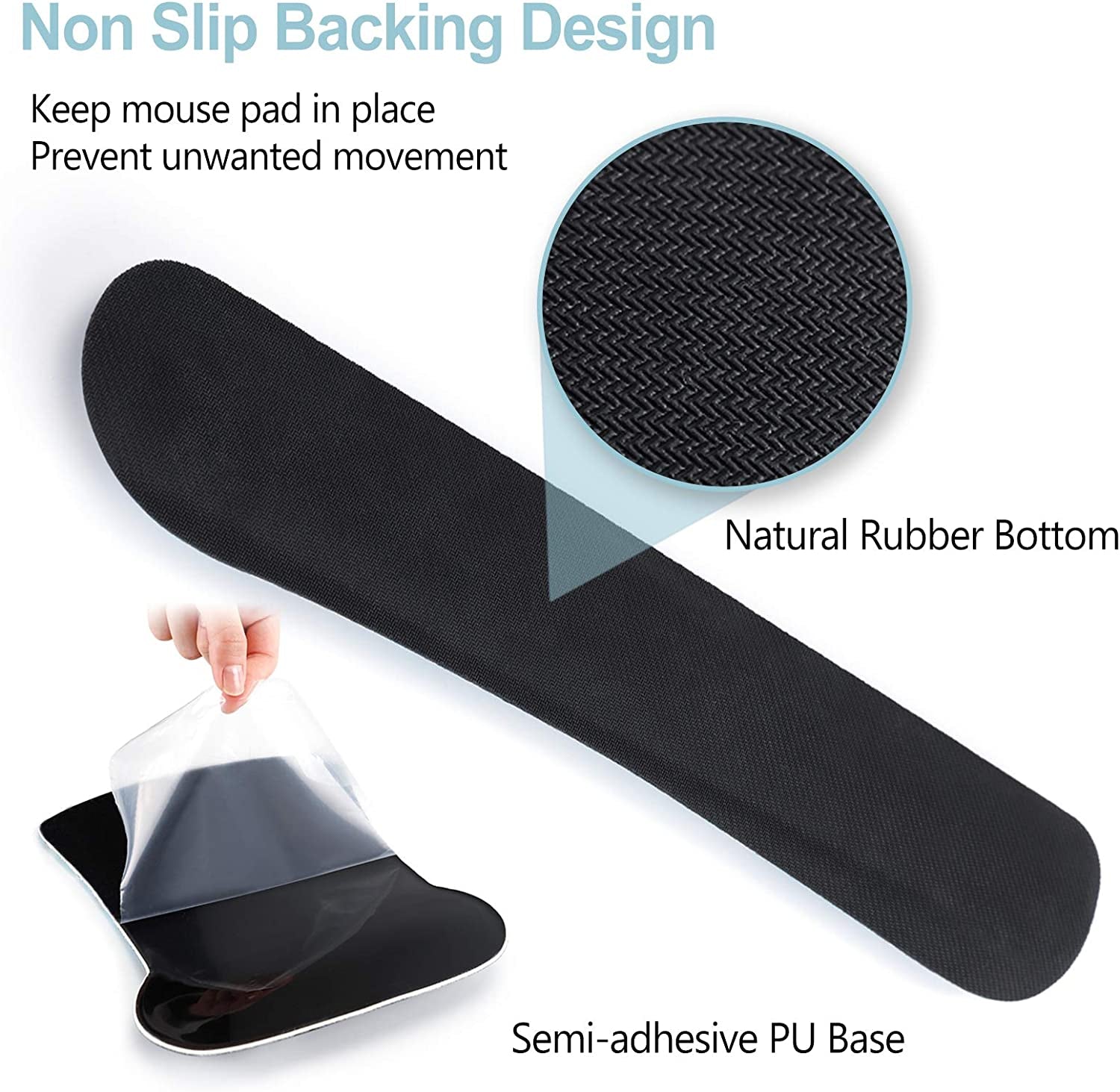 Black mouse pad with non-slip backing design features on a white background