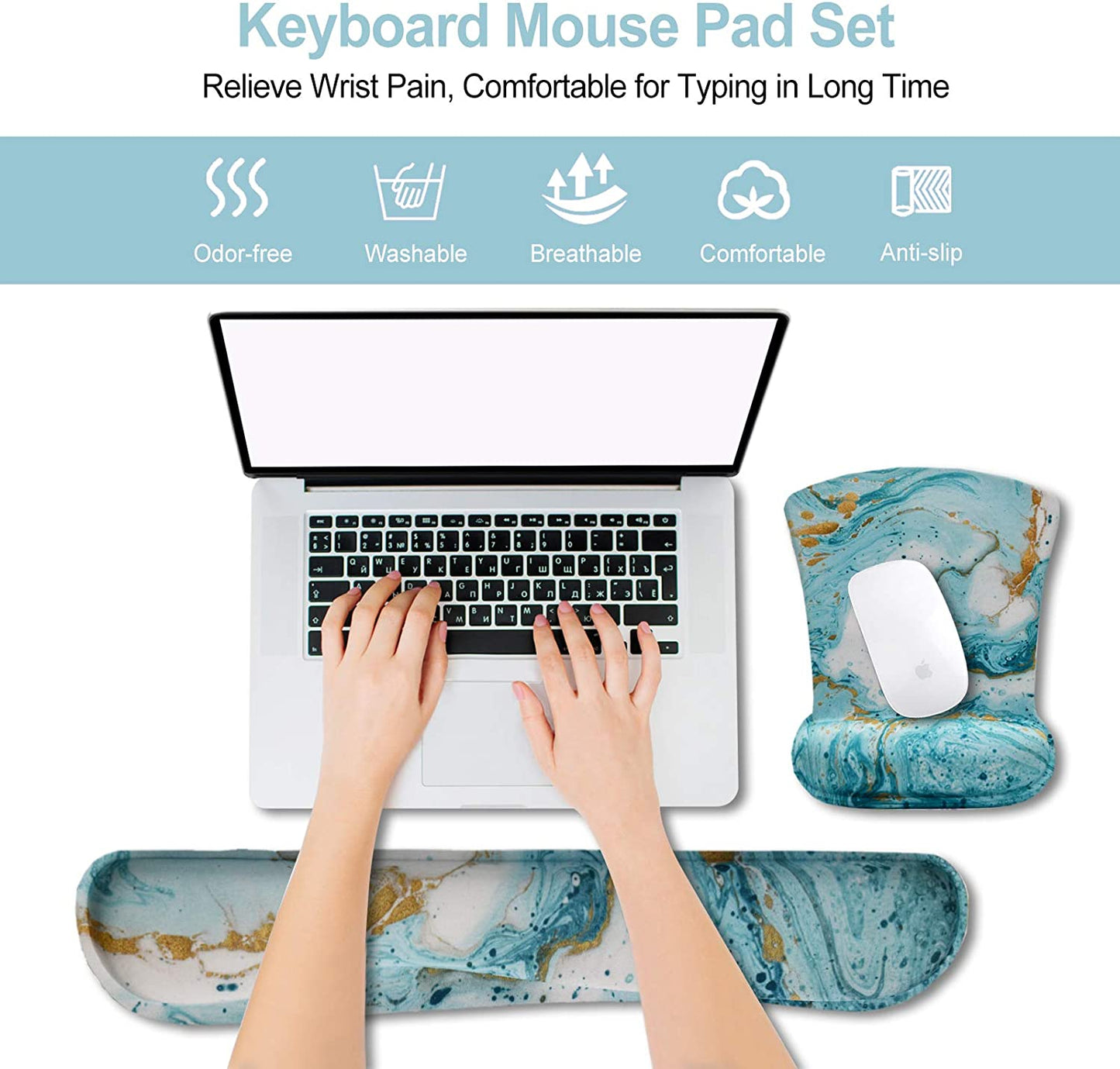 Keyboard mouse pad set with marble design on a white background