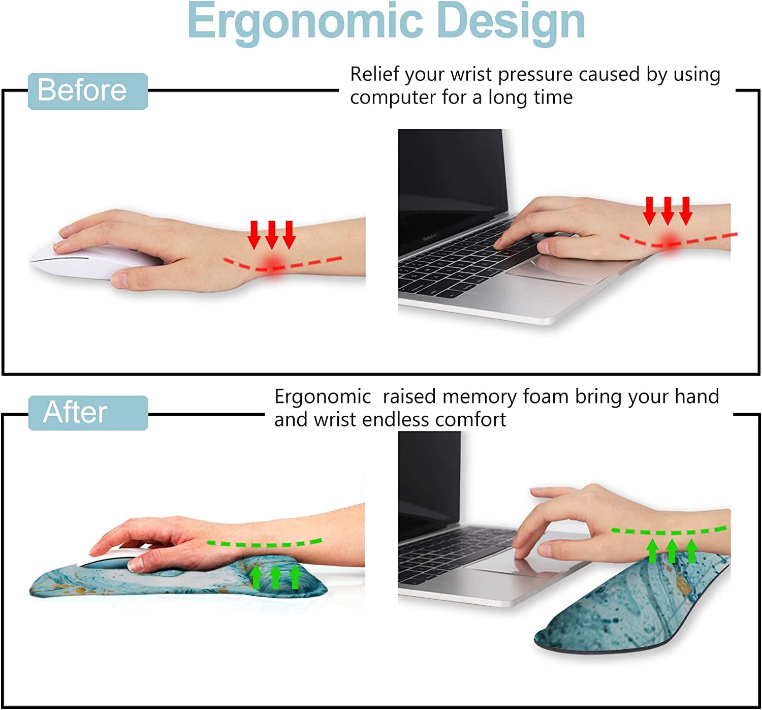 Ergonomic wrist support design before and after using a laptop with highlighted pressure relief.