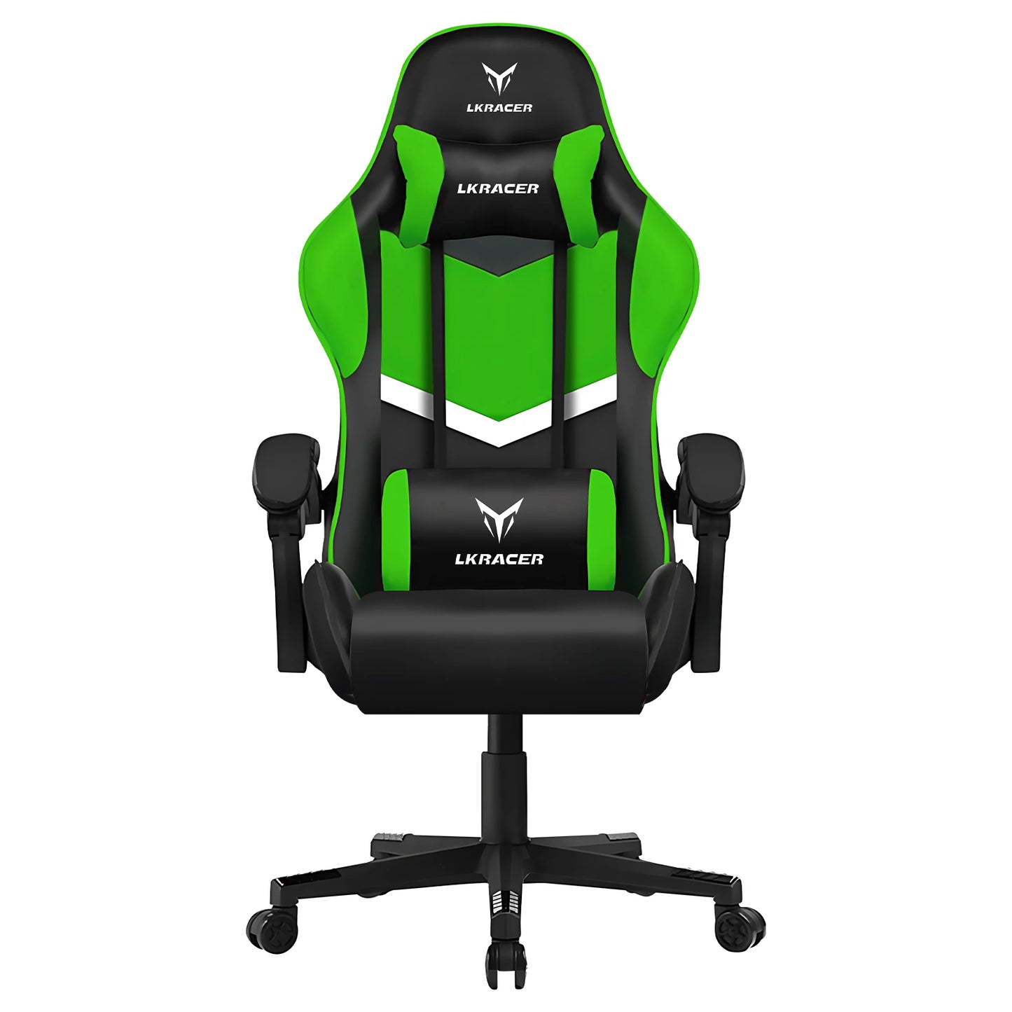 Gaming chair with green and black design on a white background