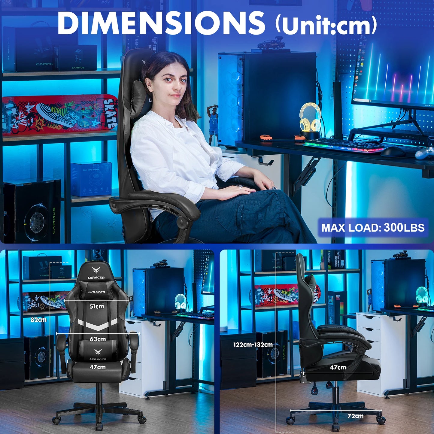 Gaming chair with measurements and a person sitting on it in a room setup.