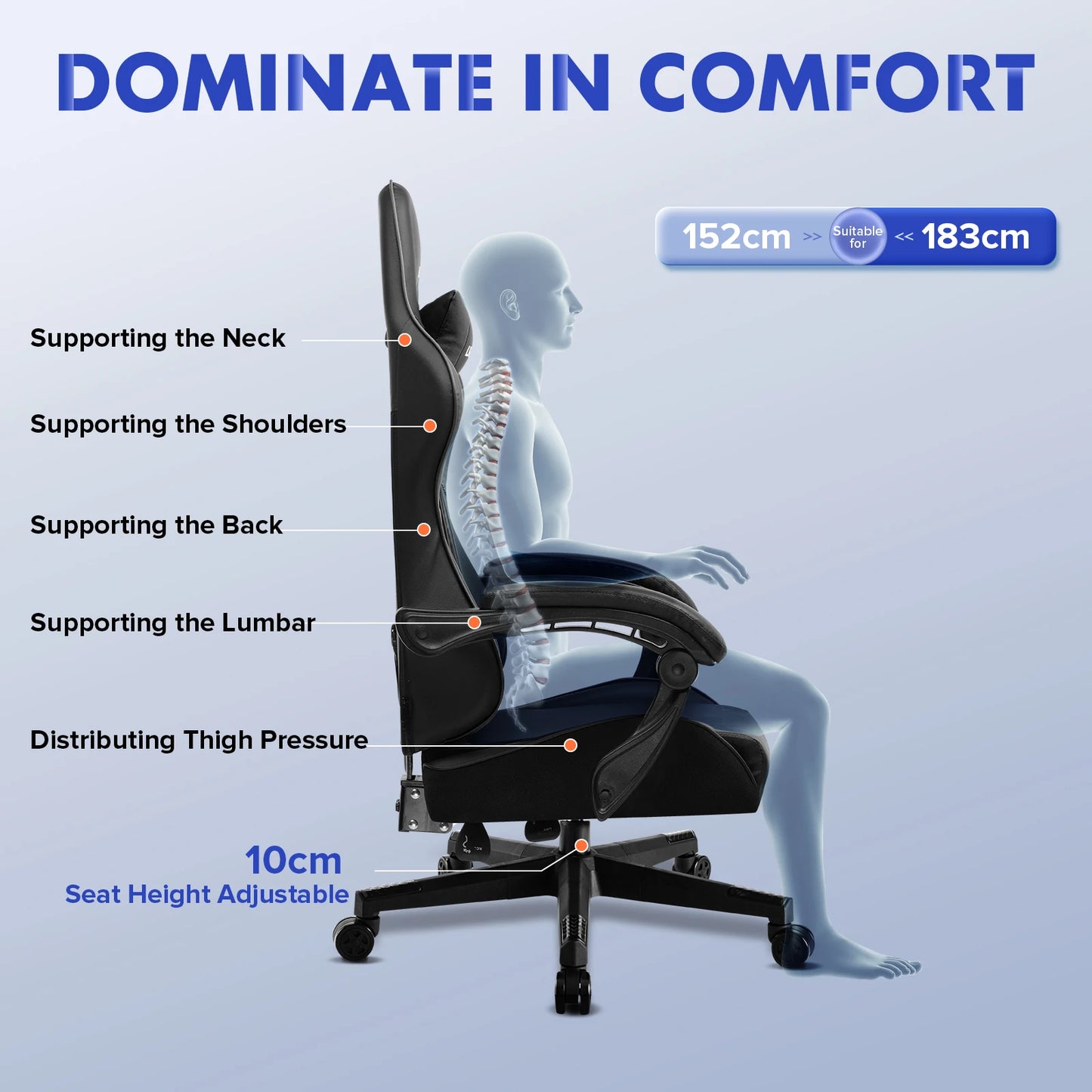 Ergonomic chair with features highlighted on a blue background