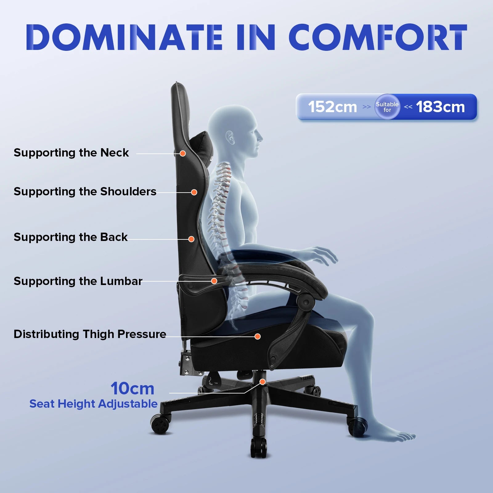 Ergonomic chair with features highlighted on a blue background