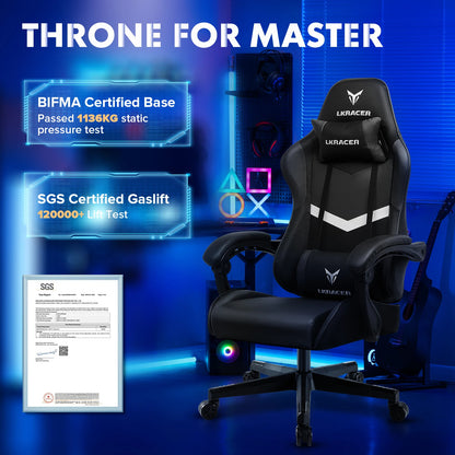 Black gaming chair with certification text on a blue background