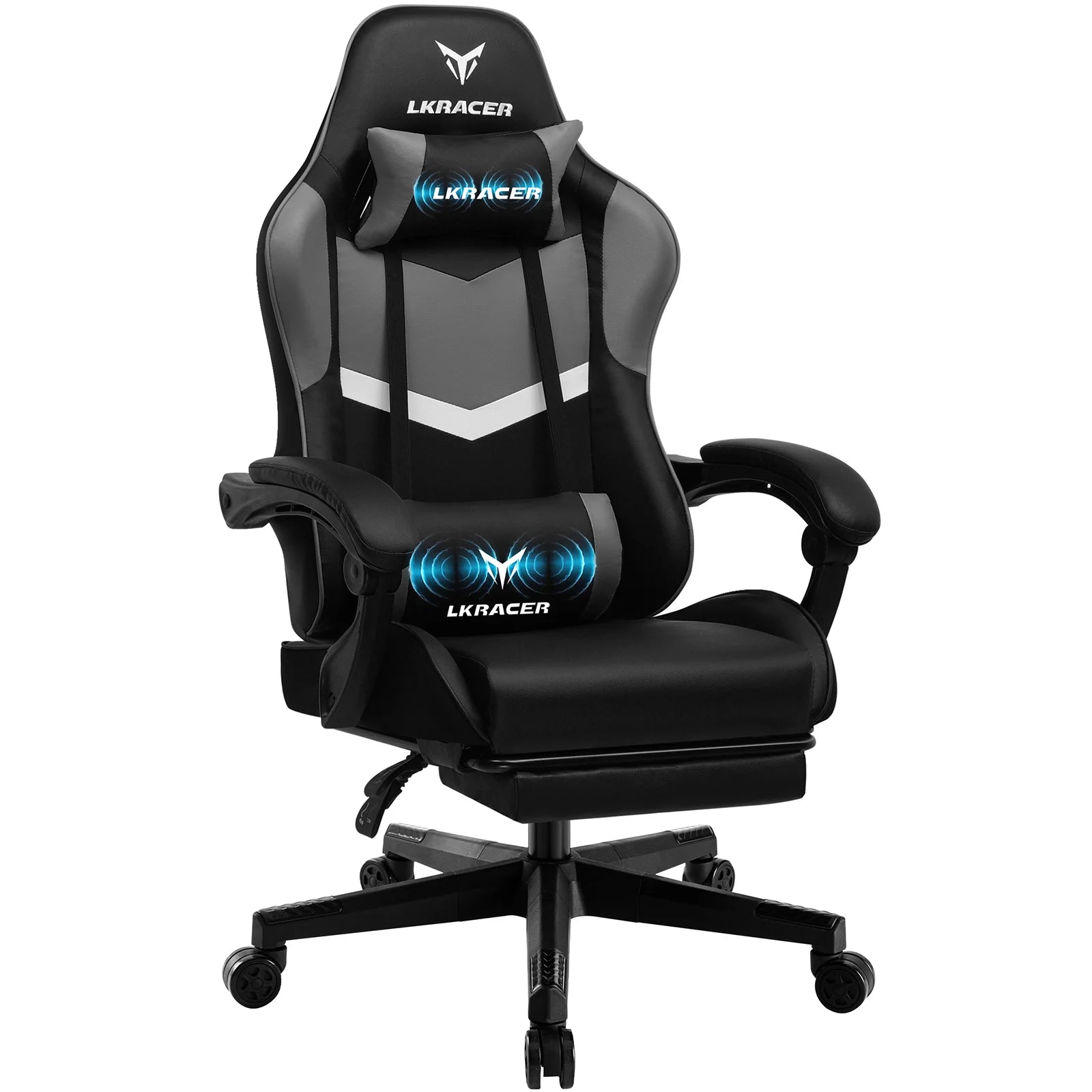 Black gaming chair with L Kramer logo on a white background