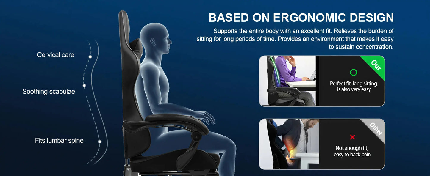 Ergonomic chair with human silhouette and text on a blue background