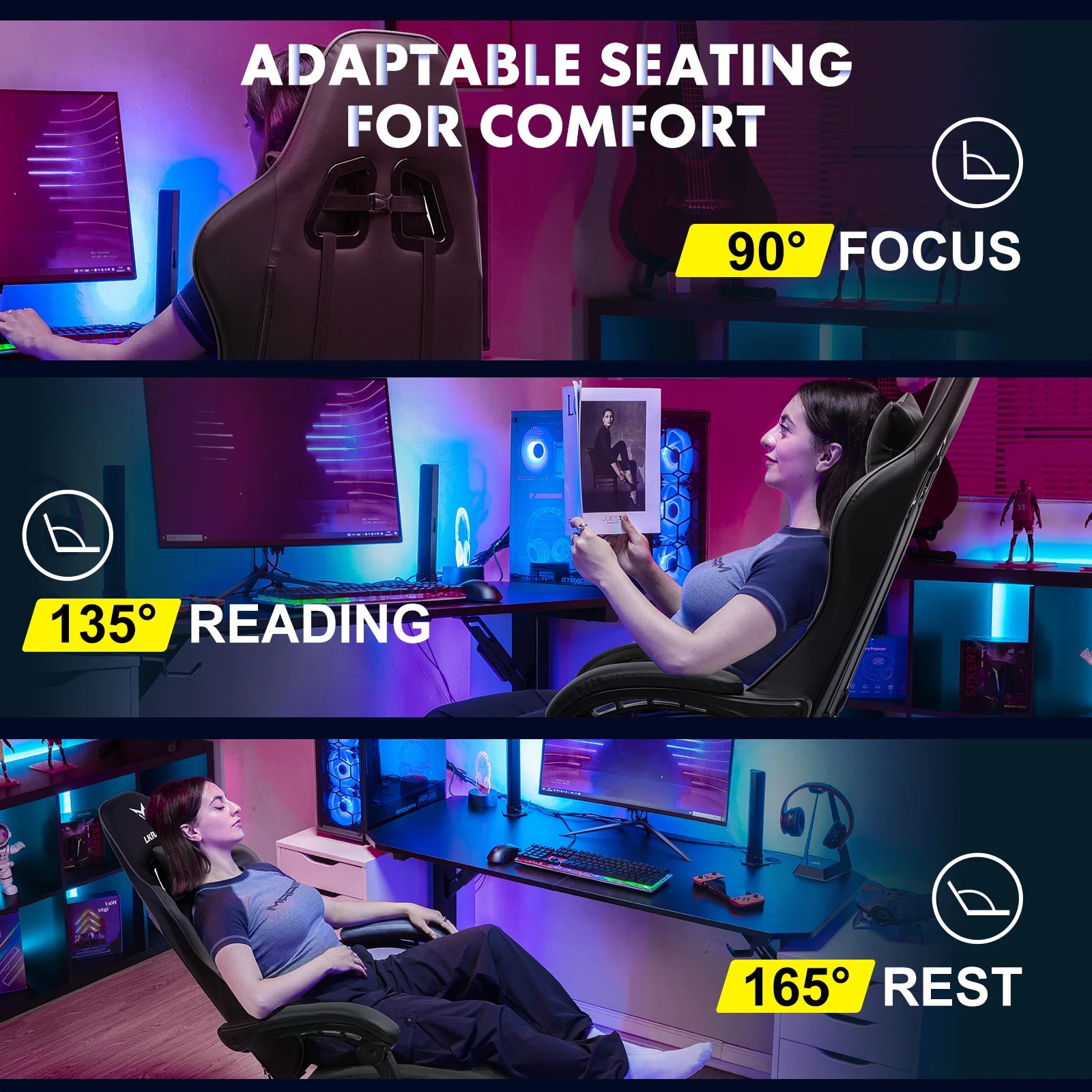 Gaming chair with adjustable angles for comfort in a gaming setup.