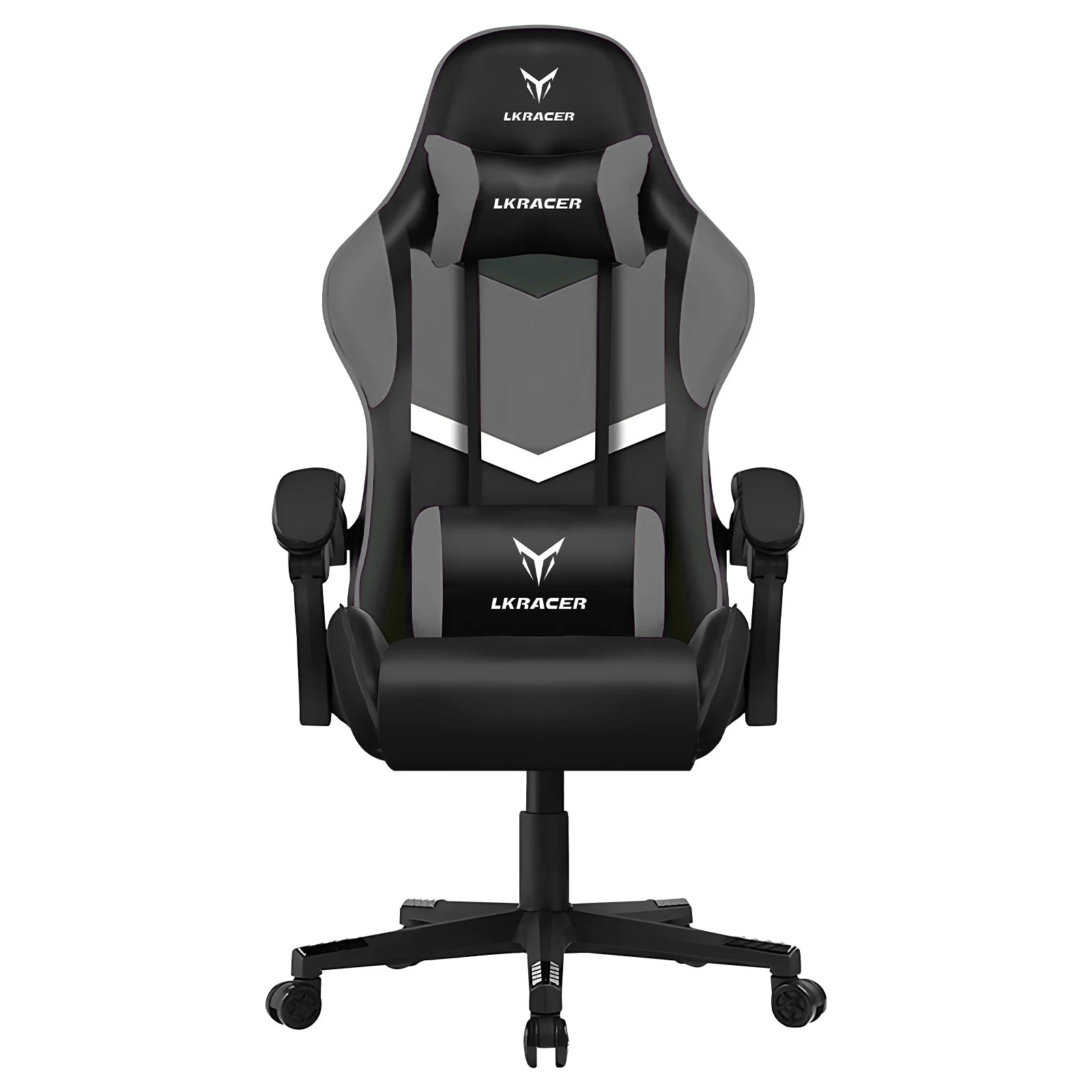 Black and gray gaming chair with LK racer logo on a white background