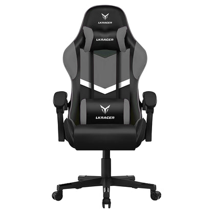 Black and gray gaming chair with LK racer logo on a white background