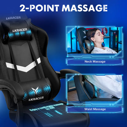 Massage chair with neck and waist massage features on a blue background
