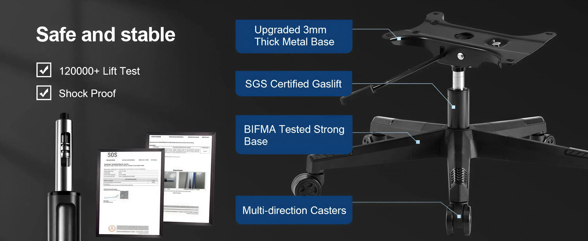 Product display with features highlighted on a dark background