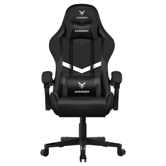 Black gaming chair with LK racer logo on a white background