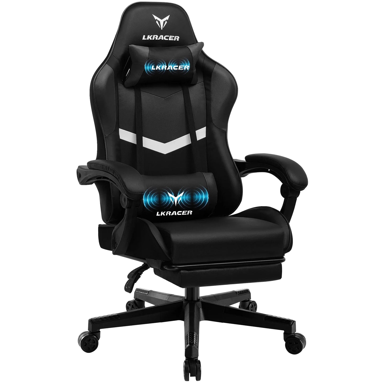 Black gaming chair with L K racer logo on a white background