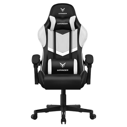 Black and white gaming chair with LK racer logo on a white background