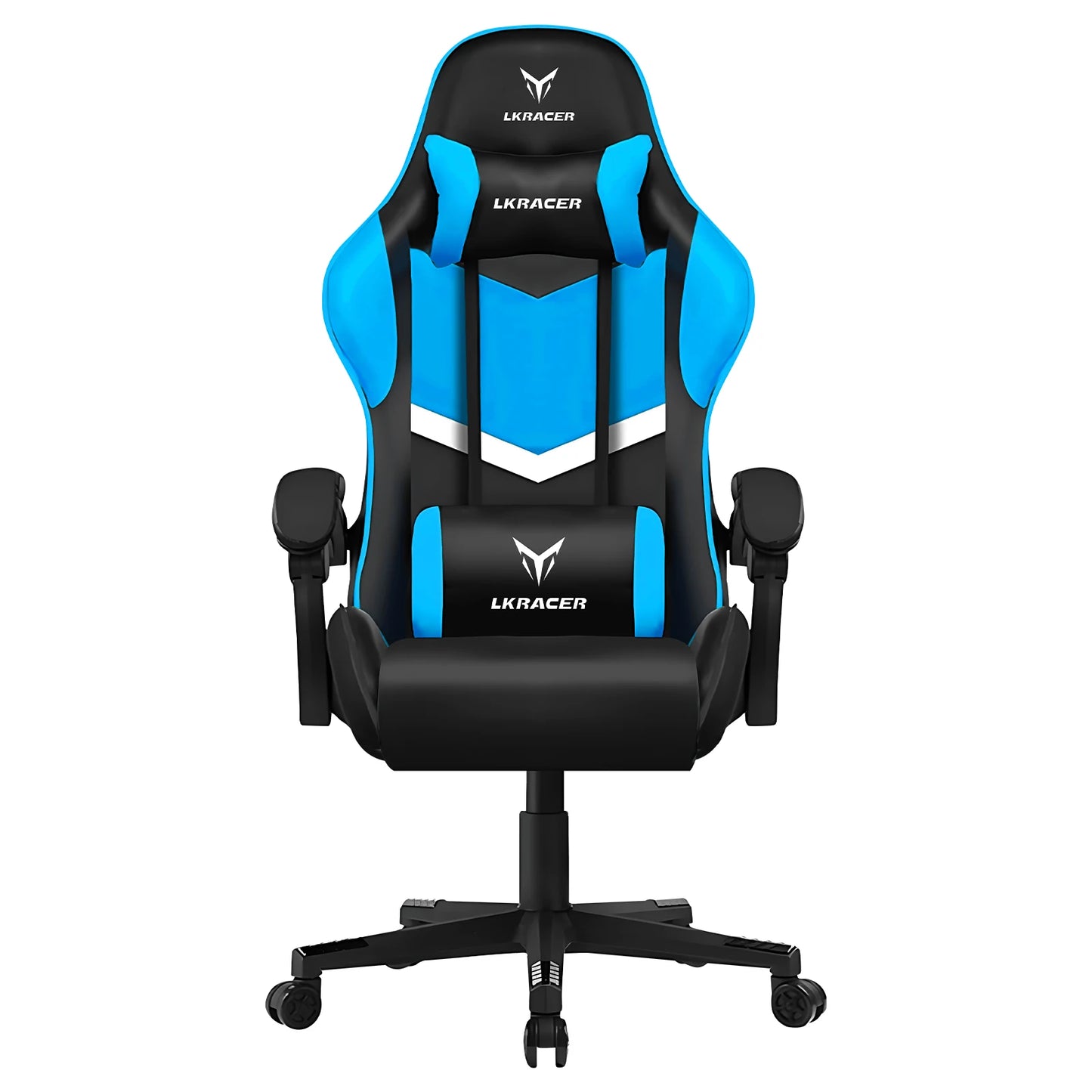 Gaming chair with black and blue design on a white background