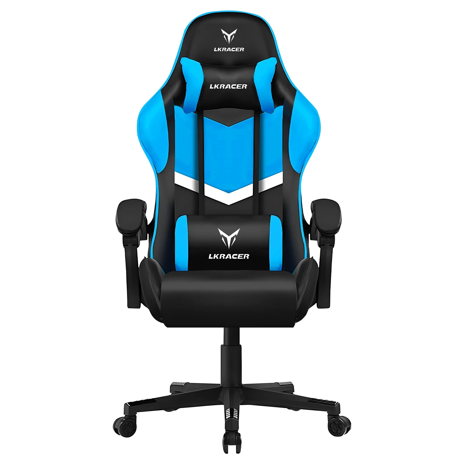 Gaming chair with black and blue design on a white background