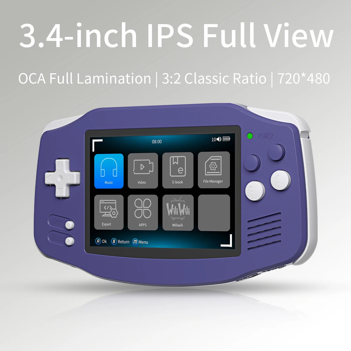 ANBERNIC RG34XX retro handheld gaming console with a 3.4-inch IPS screen, featuring a purple body and control buttons.