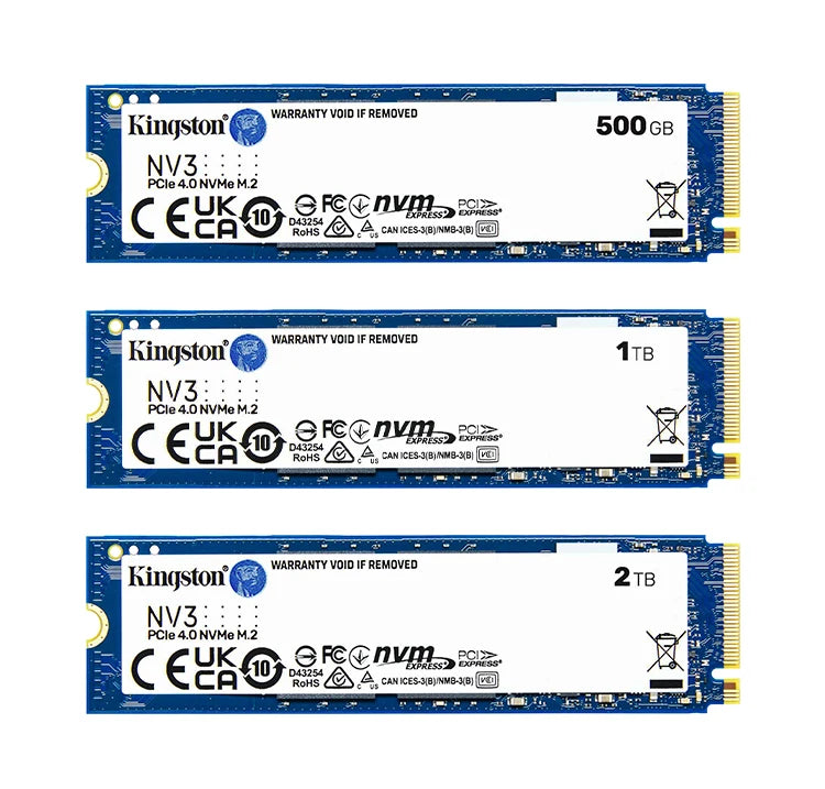 Three Kingston NV3 solid-state drives of different capacities on a white background