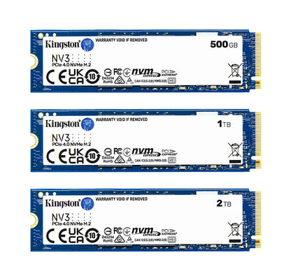 Three Kingston NV3 solid-state drives of different capacities on a white background