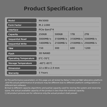Product specification table for NV3000 storage device on a gray background