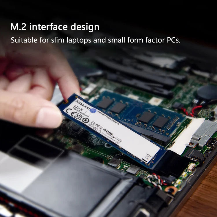 M.2 interface design suitable for slim laptops and small form factor PCs, with a Kingston NVMe SSD being installed.