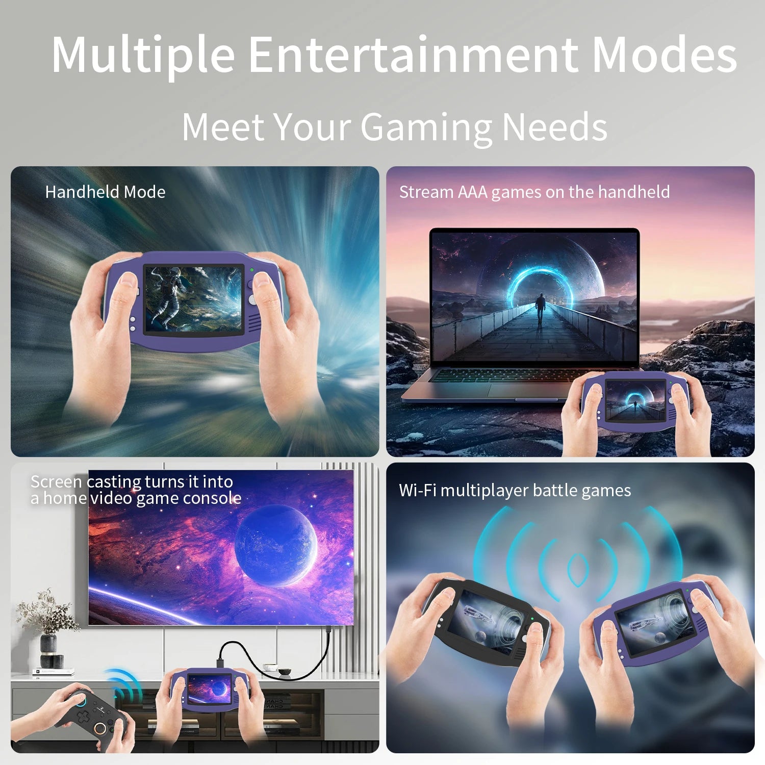 ANBERNIC RG34XX handheld gaming console with 3.4" IPS screen, shown in various gaming modes and user interactions.