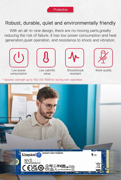 Kingston NVMe SSD with a person working on a laptop in an office setting, emphasizing its features.