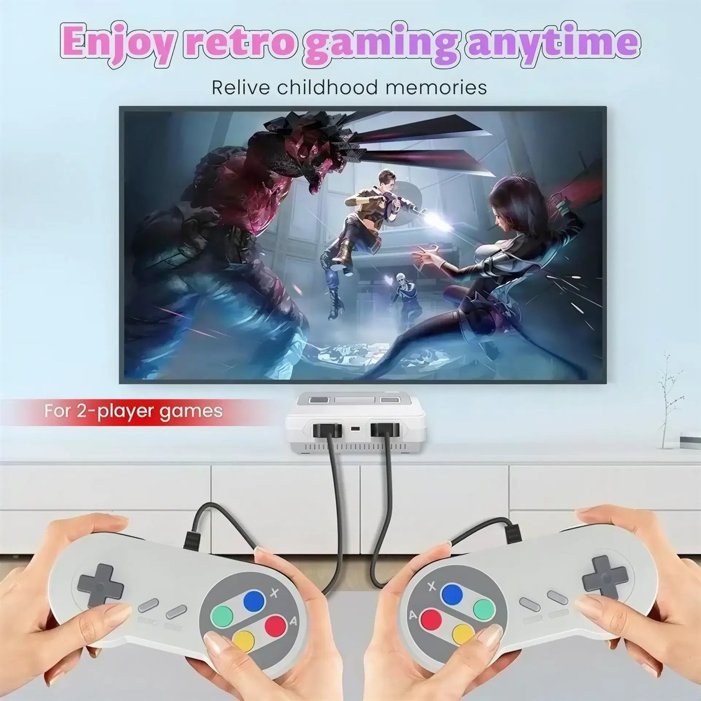Retro game console with two controllers, displayed in front of a TV showing a gaming scene.
