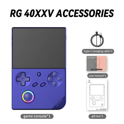 Purple game console with accessories on a white background