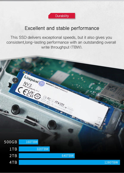 Kingston NV3 SSD on a circuit board with performance specifications.