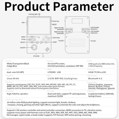Technical specifications of a gaming device on a white background