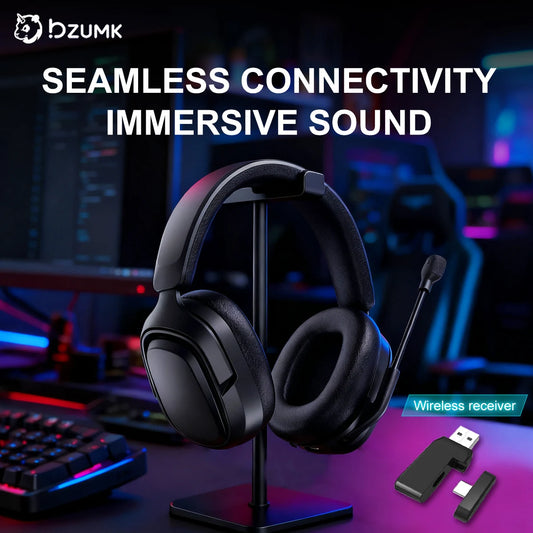 Wireless gaming headset with microphone and USB receiver on a modern gaming desk setup