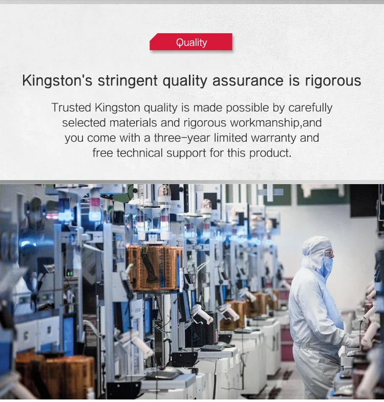Kingston's stringent quality assurance in a manufacturing setting with text overlay.