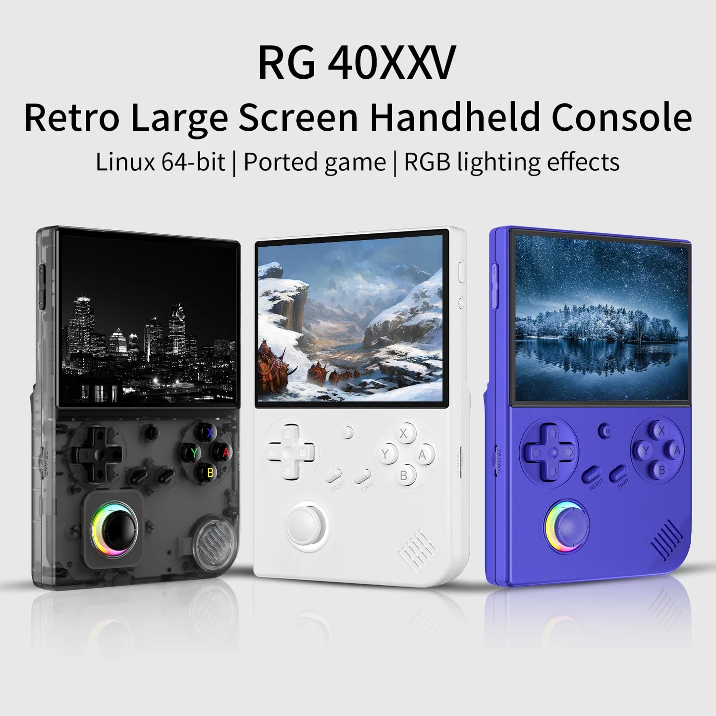 Three retro handheld consoles with screens displaying different scenes on a white background.