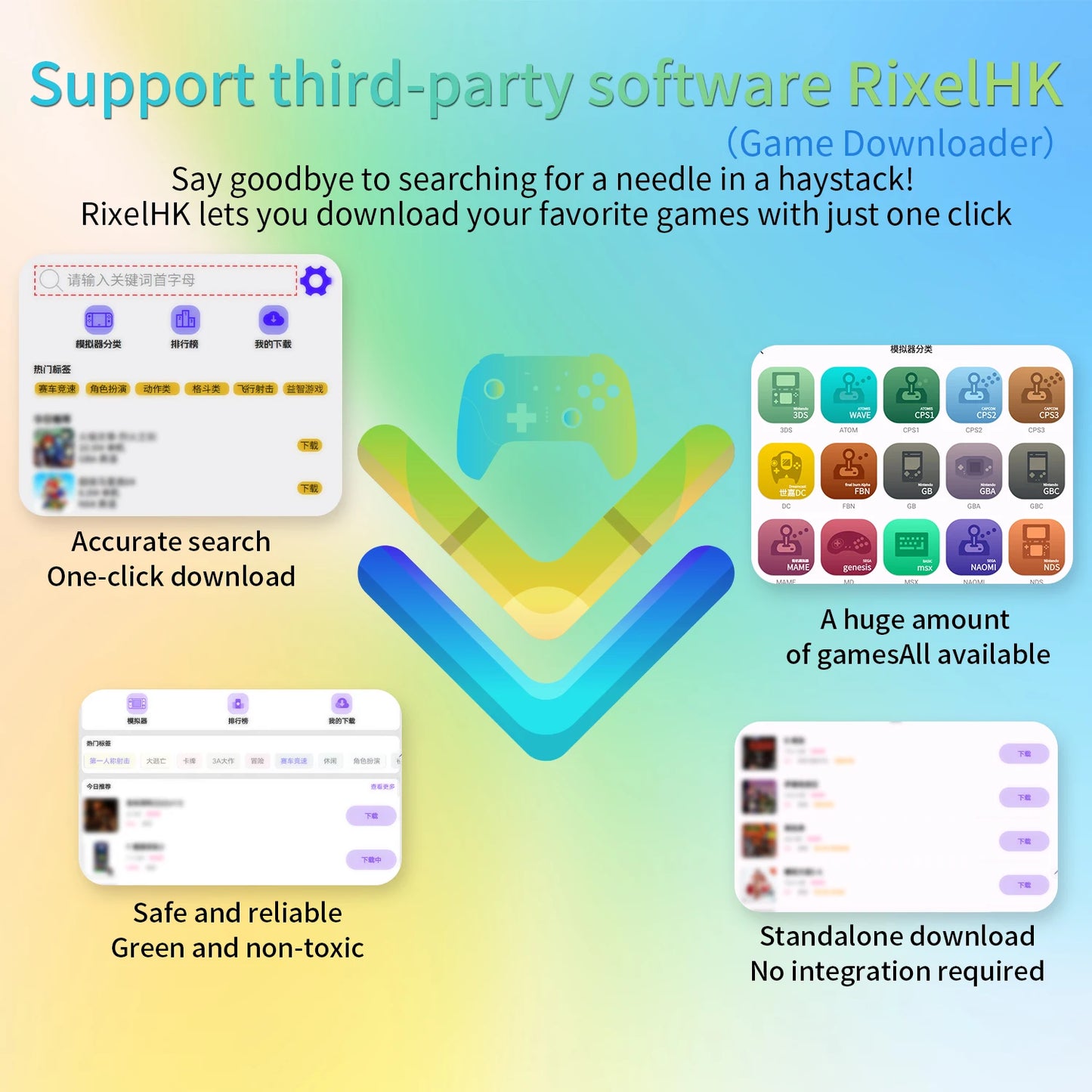 Promotional graphic for RixelHK, a game downloader with features highlighted on a gradient background.