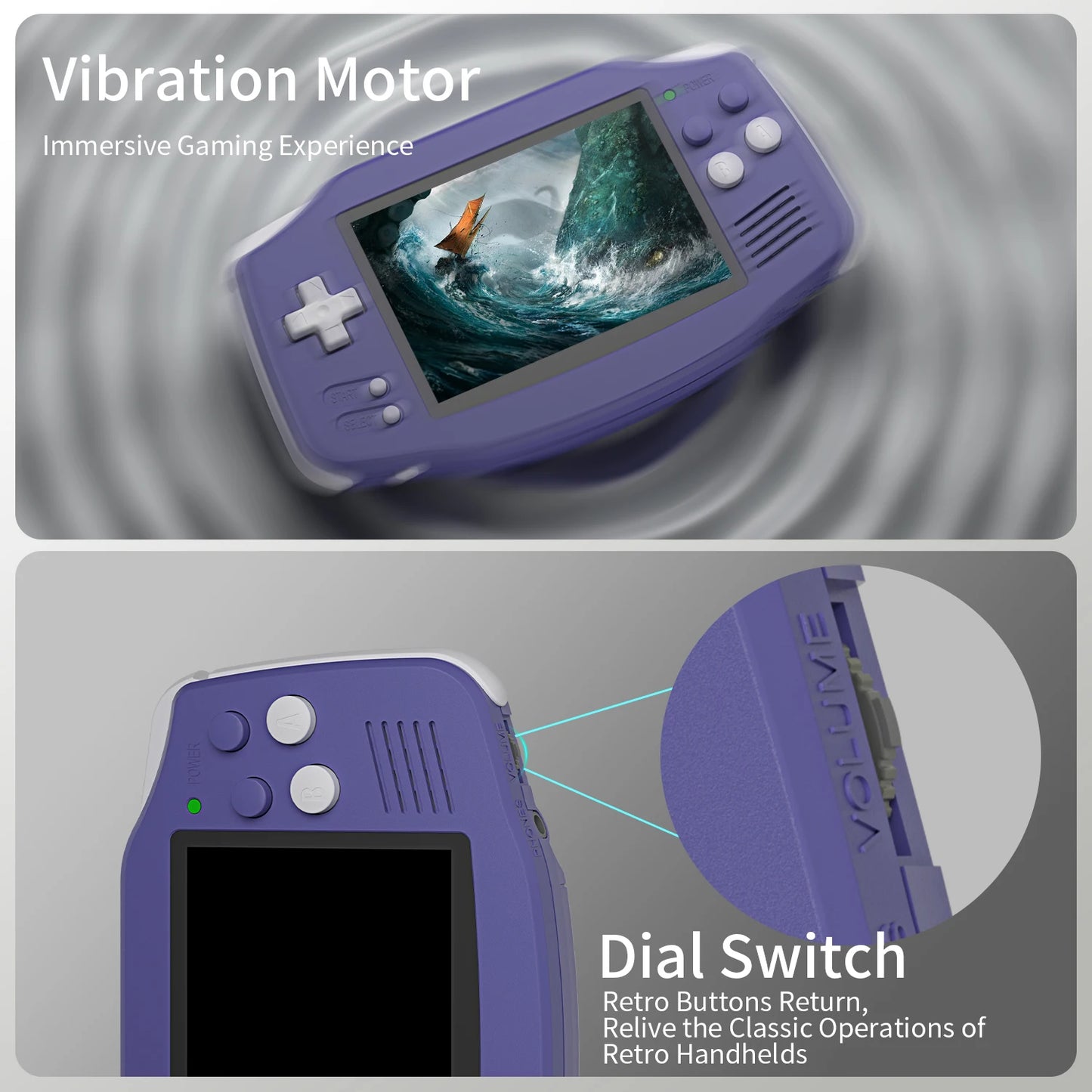 ANBERNIC RG34XX retro handheld gaming console in purple with a 3.4" IPS screen, featuring a dial switch and vibration motor.