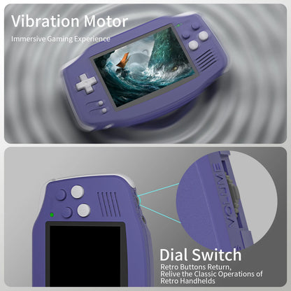 ANBERNIC RG34XX retro handheld gaming console in purple with a 3.4" IPS screen, featuring a dial switch and vibration motor.
