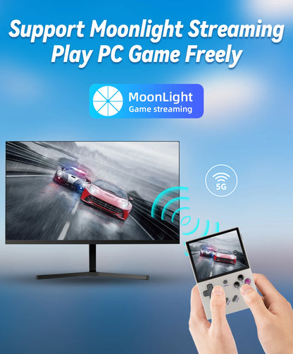 Advertisement for Moonlight Game Streaming with a monitor and handheld device displaying a racing game.