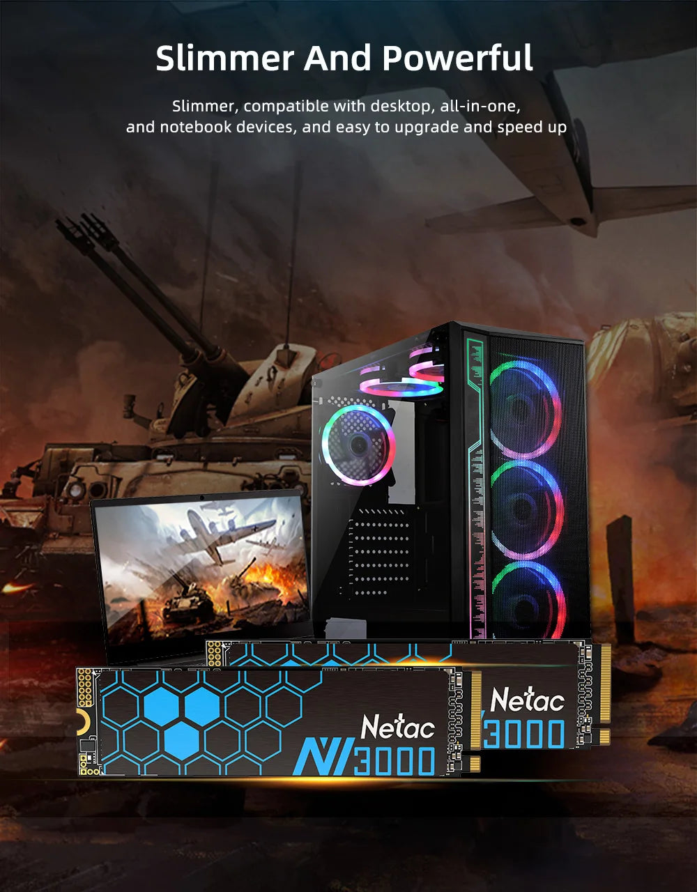 Gaming PC components with tank and sunset background