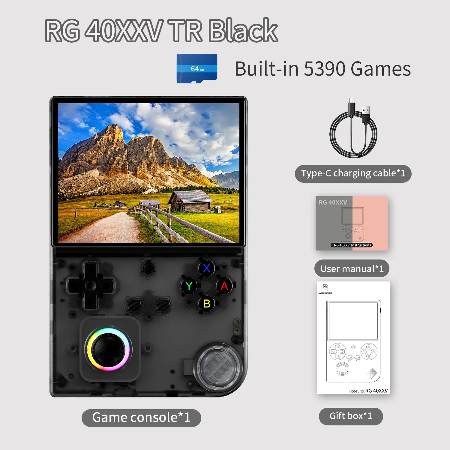 Game console with screen displaying mountain landscape, surrounded by accessories on a light gray background.