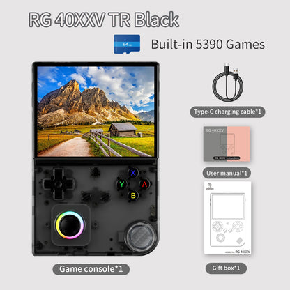 Game console with screen displaying mountain landscape, surrounded by accessories on a light gray background.