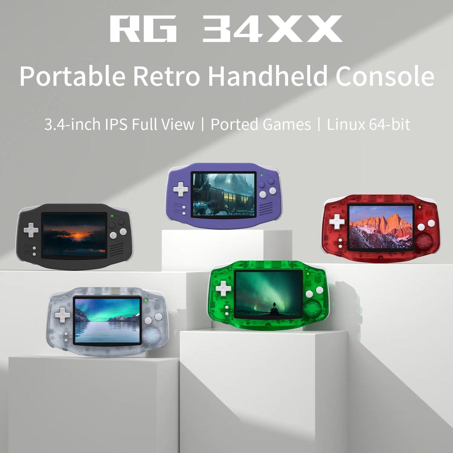 ANBERNIC RG34XX handheld gaming console in four colors: black, green, red, and transparent, showcasing a 3.4-inch IPS screen.